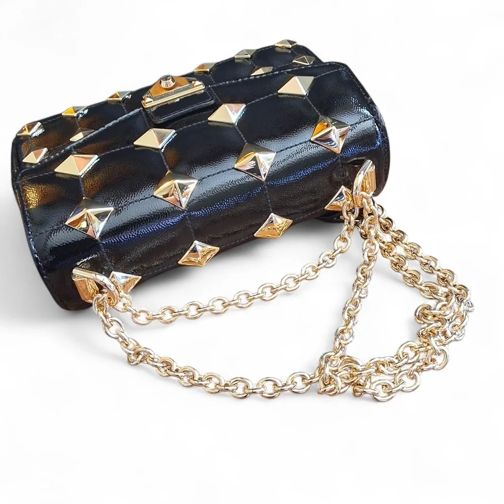 Michael Kors Whitney Studded Patent Leather Shoulder Bag Black Gold